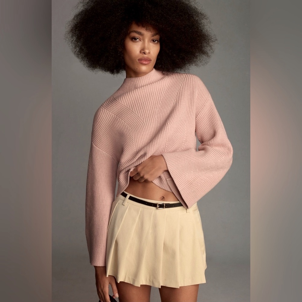 🆕 NWT Anthropologie The Katey Mock-Neck Bell-Sleeve Sweater by Maeve • Taupe •XS